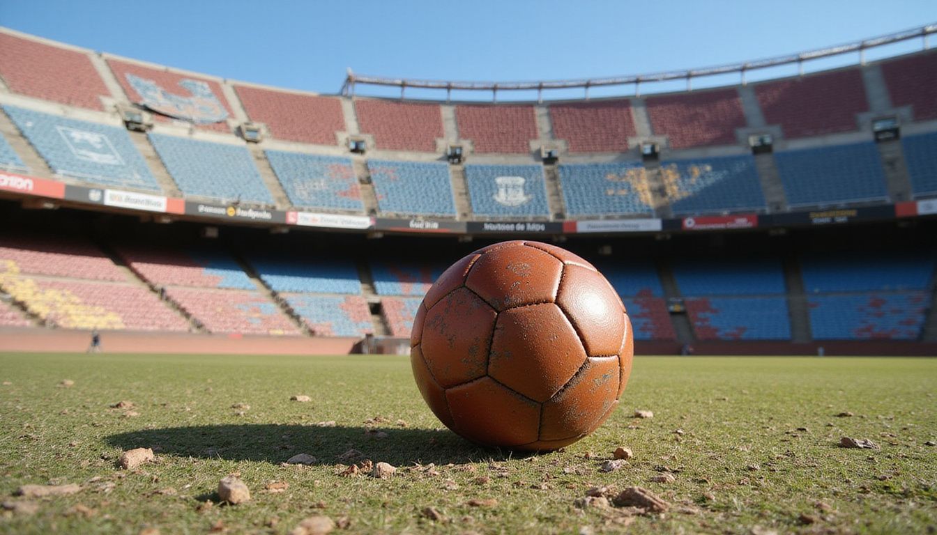 A well-used soccer ball on a worn grass pitch after a match. A well-used soccer ball on a worn grass pitch after a match.
