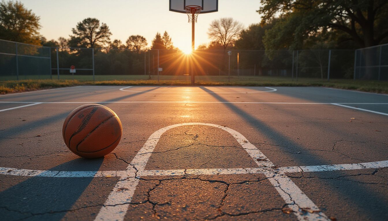 An empty outdoor basketball court at sunset with a basketball. An empty outdoor basketball court at sunset with a basketball.