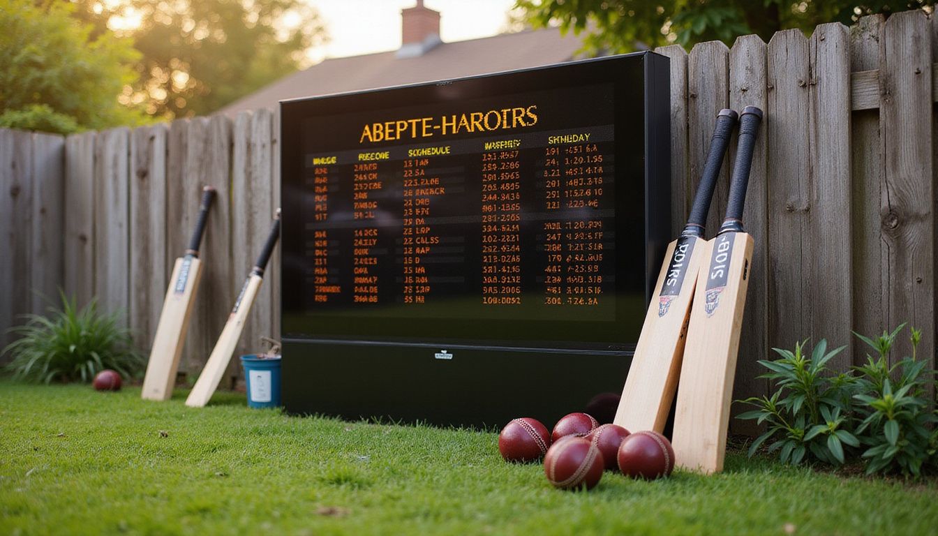 A cricket scoreboard and equipment in a suburban backyard. A cricket scoreboard and equipment in a suburban backyard.