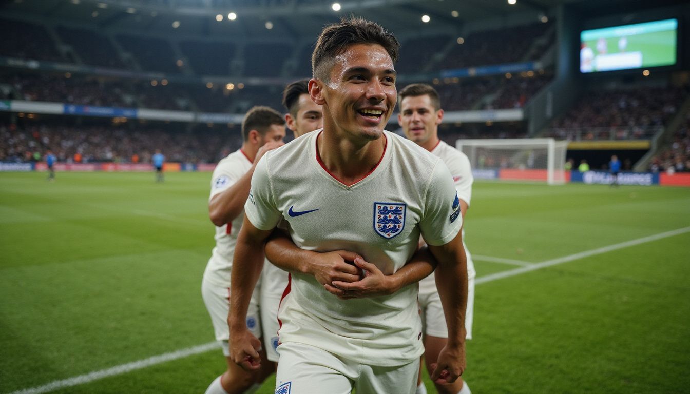 Jude Bellingham celebrates with teammates on a football pitch after a victory. Jude Bellingham celebrates with teammates on a football pitch after a victory.