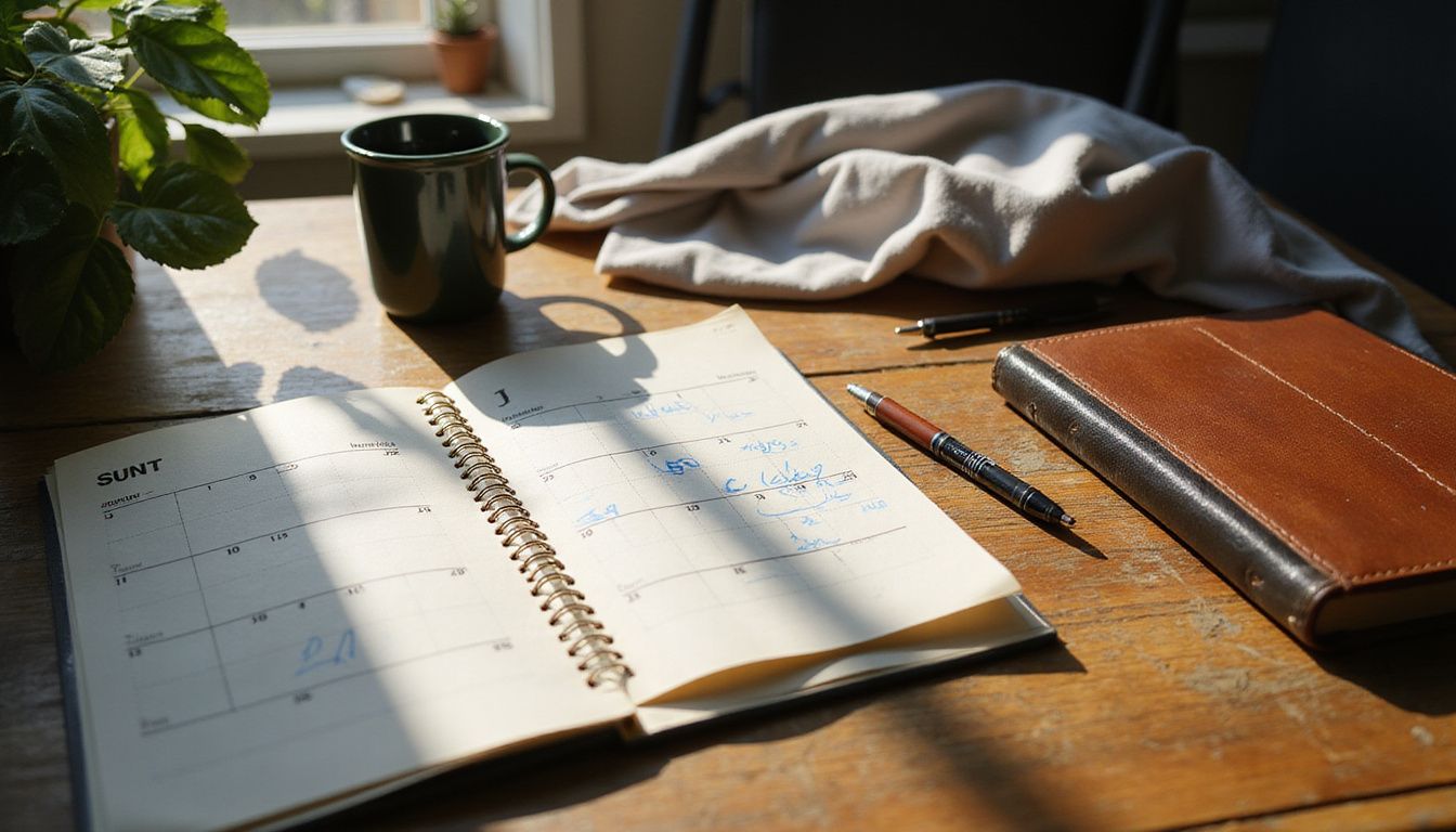 A cluttered home office desk with open calendar, pens, and coffee mug.