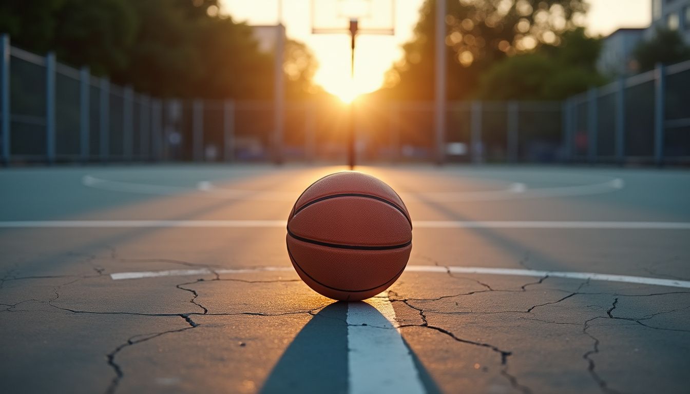 A basketball court at dusk with a basketball and player statistics. A basketball court at dusk with a basketball and player statistics.
