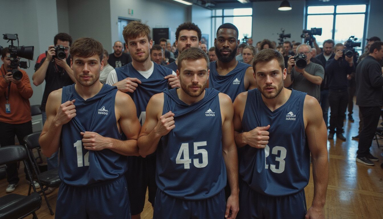 Five basketball players holding team jerseys in a crowded press room. Five basketball players holding team jerseys in a crowded press room.