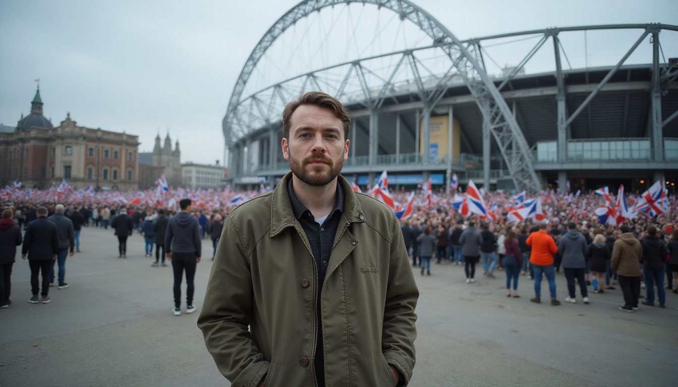 A man stands in a crowd outside Wembley Stadium before a soccer match.