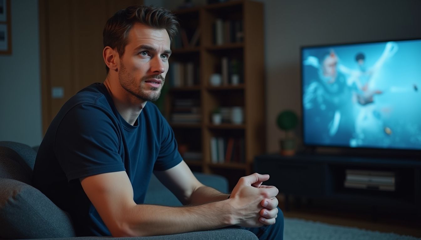 A man in his 30s, wearing a navy blue T-shirt, sits tensely on a dark gray sofa, watching a Premier League soccer match on TV. A man in his 30s, wearing a navy blue T-shirt, sits tensely on a dark gray sofa, watching a Premier League soccer match on TV.