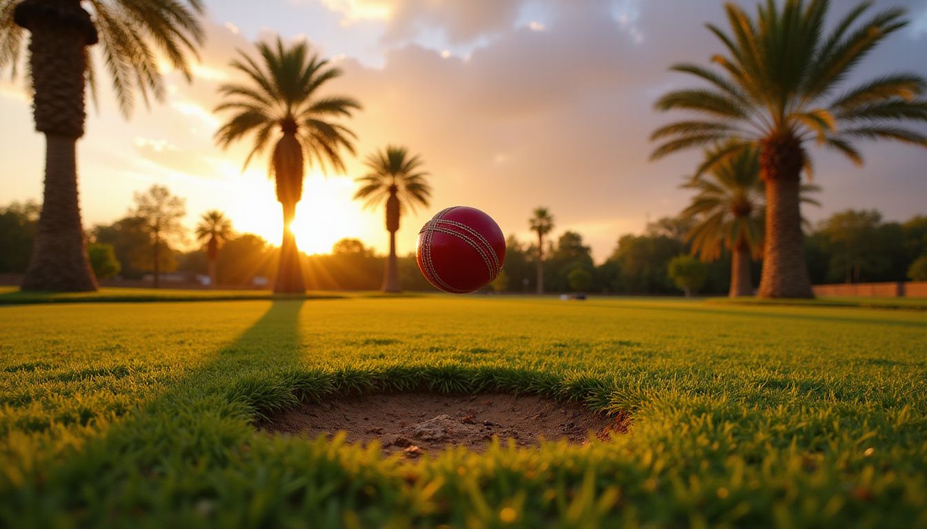 An aerial photo captures a cricket field, ball in mid-air. An aerial photo captures a cricket field, ball in mid-air.