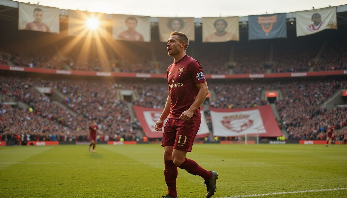 A footballer celebrates a triumphant moment in a packed stadium. A footballer celebrates a triumphant moment in a packed stadium.