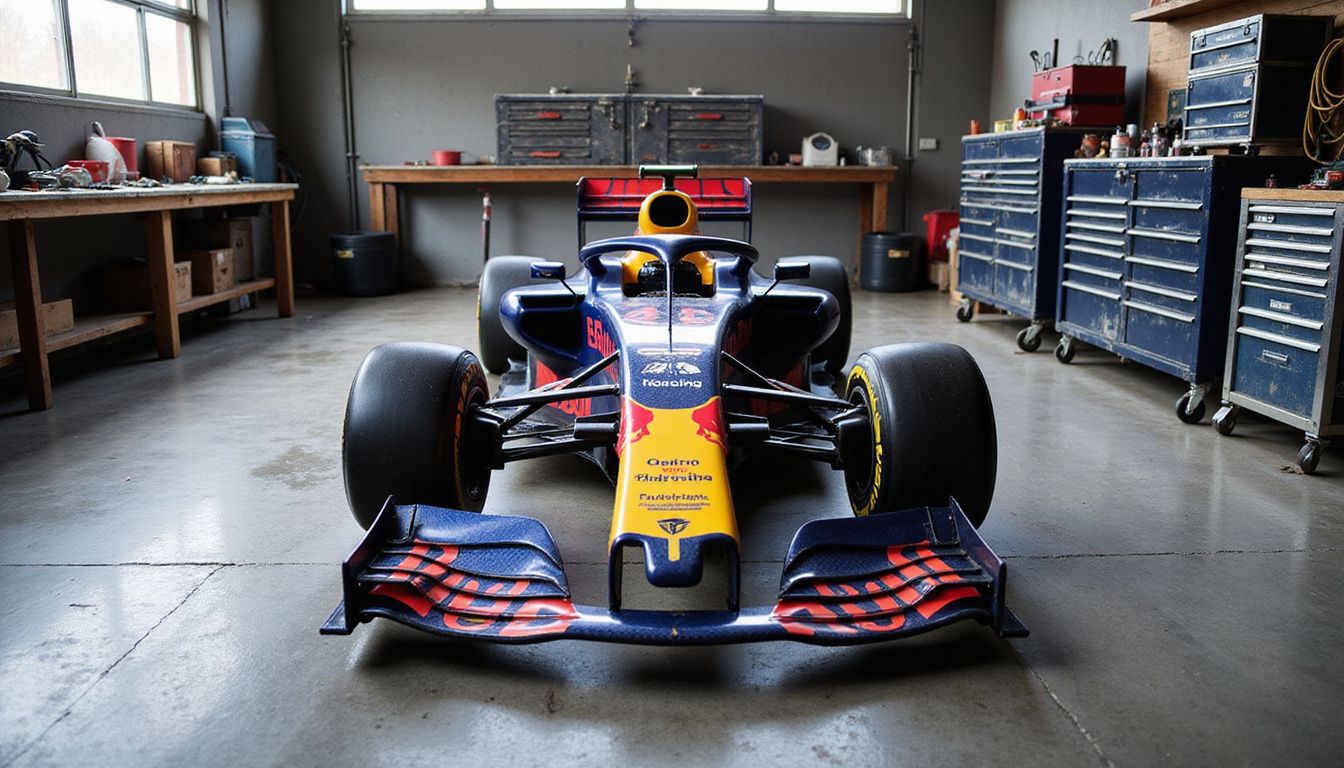 A Red Bull Racing Formula 1 car sits in a well-equipped garage. A Red Bull Racing Formula 1 car sits in a well-equipped garage.