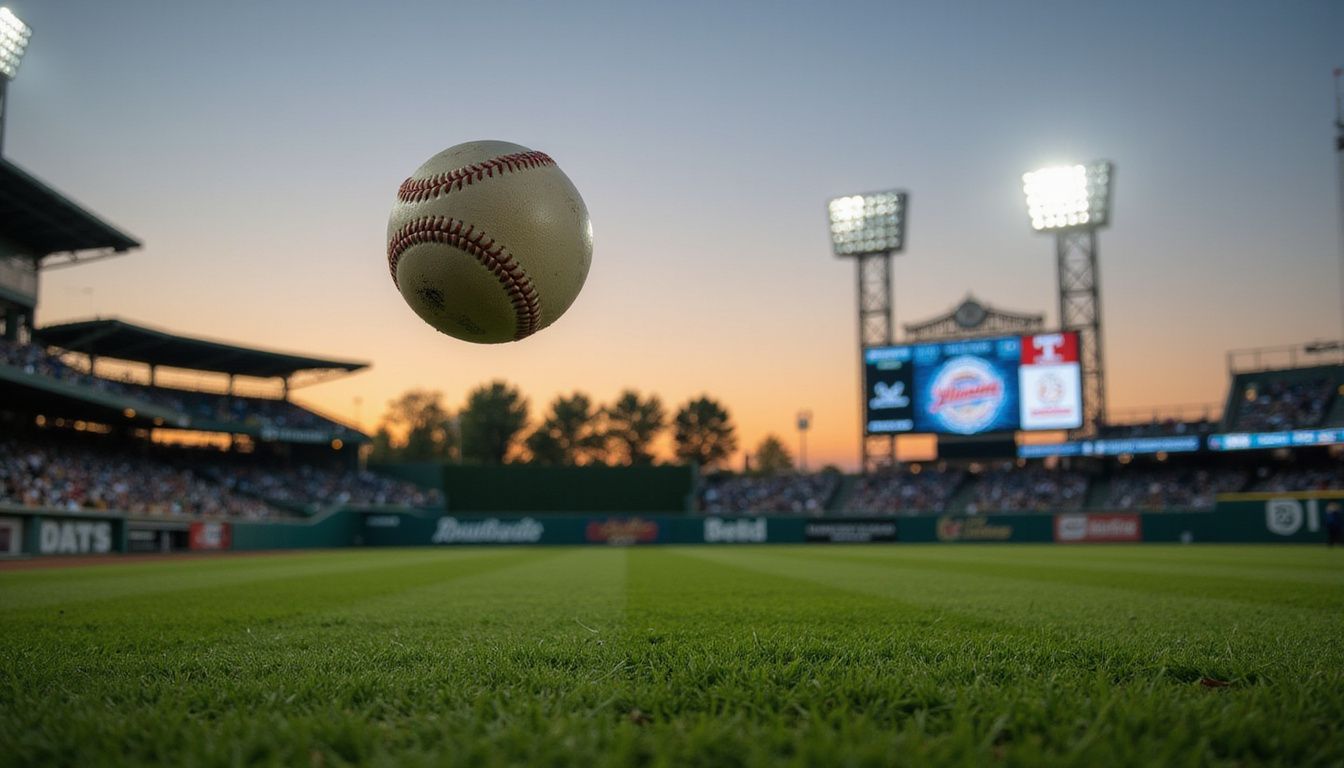 A baseball stadium at dusk with a soaring ball mid-air. A baseball stadium at dusk with a soaring ball mid-air.