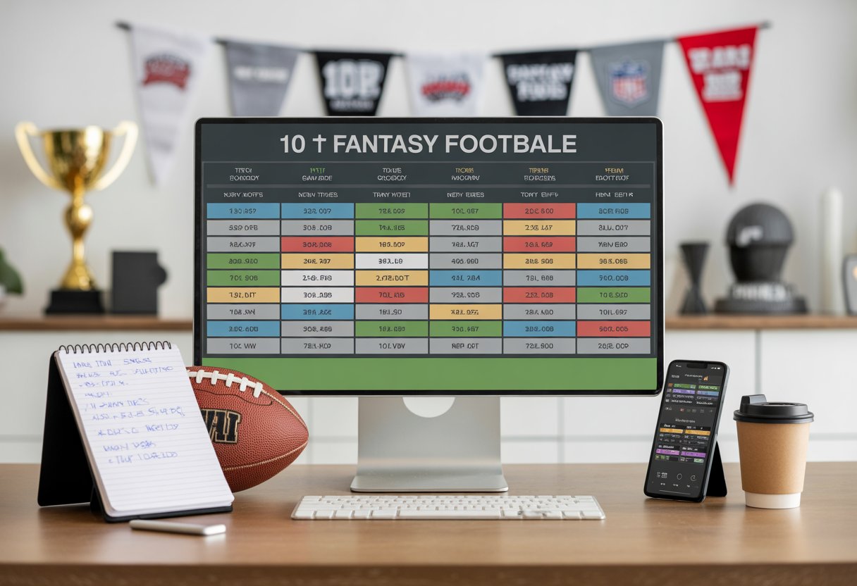 A workspace with a computer showing a fantasy football schedule grid, a football, notepad, coffee cup, and smartphone on the desk.