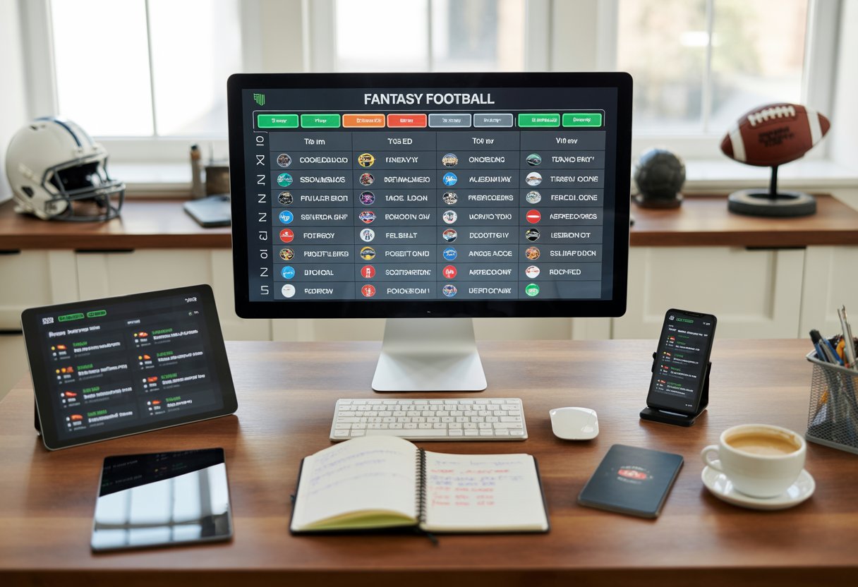 A workspace with a computer screen showing a 10-team fantasy football schedule and surrounding fantasy football materials on a desk.