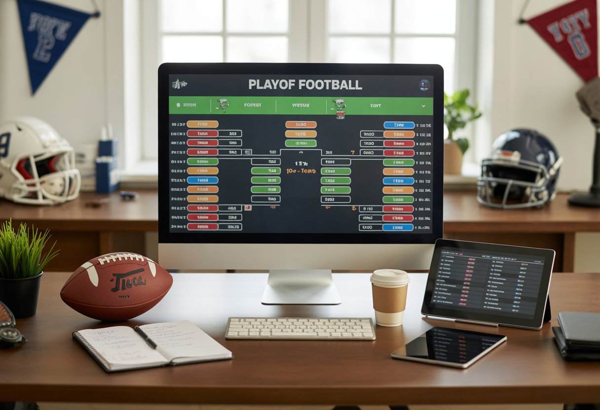 A modern office desk with a computer showing a fantasy football playoff schedule, surrounded by football-related items and office supplies.