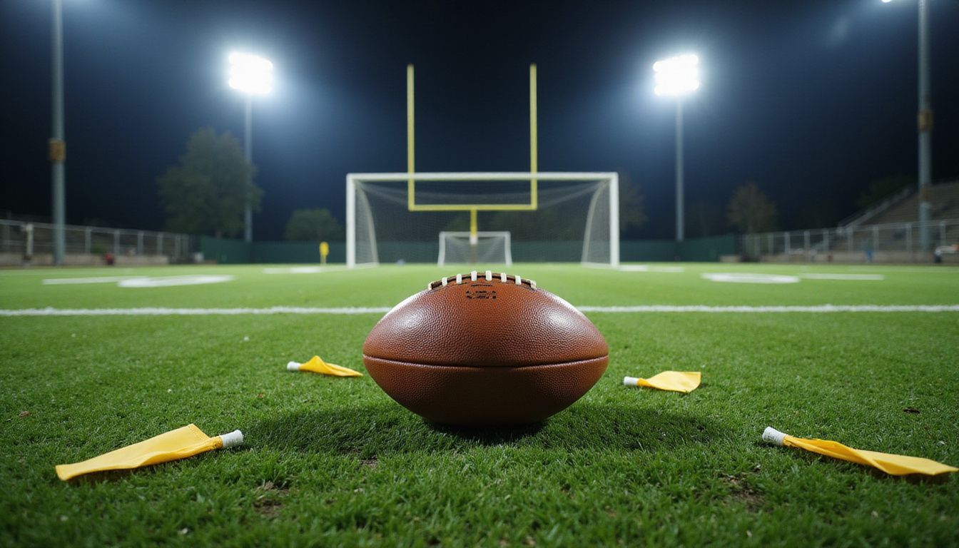 A football field at night, with penalty flags and a football. A football field at night, with penalty flags and a football.
